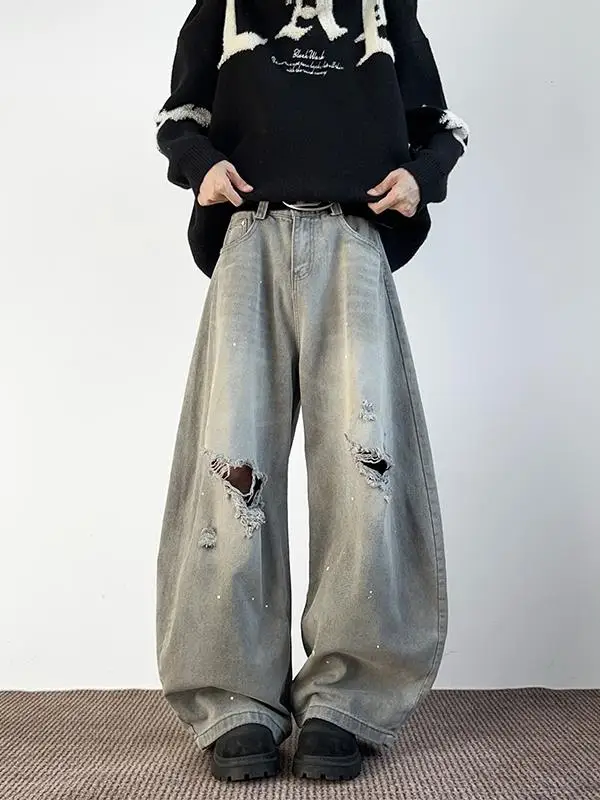 

Мужские джинсы прямого кроя в стиле ретро, выбеленные, с эффектом потертости, широкие брюки, осенняя мода, бренд Vibe Knife, свободный крой