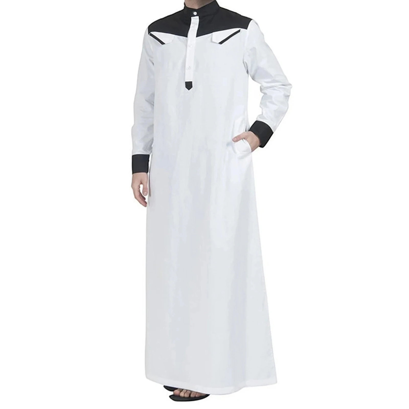 Arabic Robe for Men Fashionable Loose Long Sleeve Kaftan Casual Contrast Color Robe