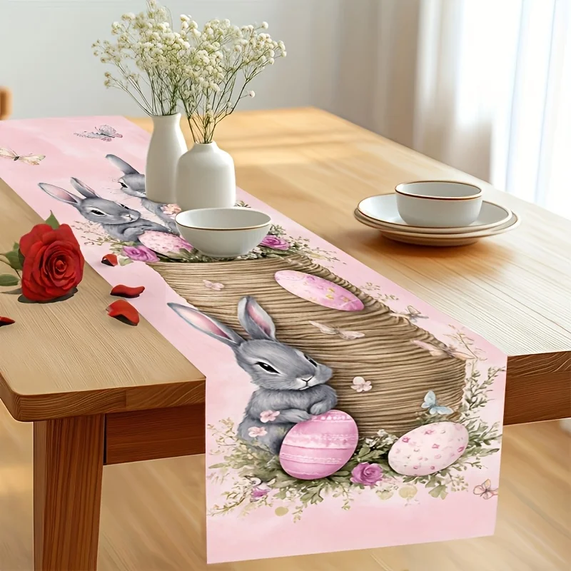 1Pc Pink Easter Bunny Table Runner, Pastoral Girly Style Tablecloth, Festive Atmosphere Decorative Long Tablecloth