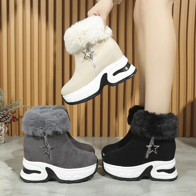 Bottes de neige coordonnantes pour femmes, fausse fourrure, peluche, plate-forme, bottes de rinçage, coussin d'air, chaussures rembourrées en coton chaud, hiver, mode 2024