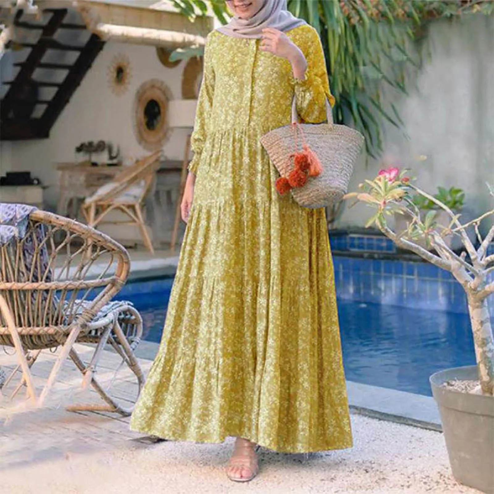 

Muslim Dresses For Women Long Sleeve Round Neck Floral Printed Maxi Dresses Loose Causal All-Match Big Swing Dresses Plus Size