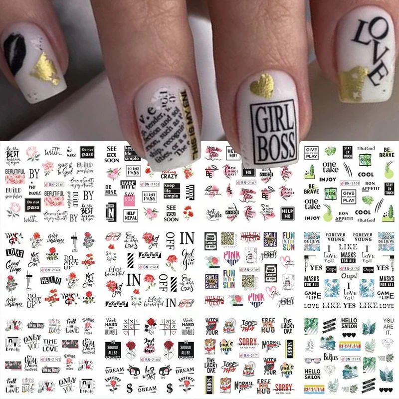 12Designs Geometry Letter Nail Water Decals Flower Leaf Slider Sticker Watercolor Floral Lines Nail Sticker Manicure Decoration