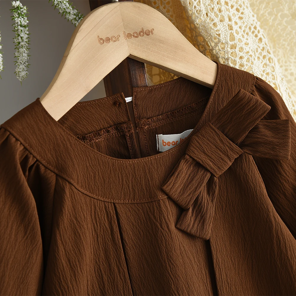 Koreanische Version kinder Kleidung Mode Herbst Neue Retro Kaffee Farbe Bogen Dekoration Lange Ärmeln Kleid Mädchen Kleider – Detail 4
