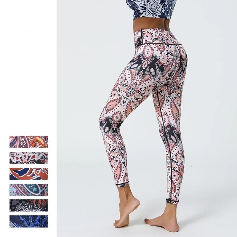 

New Thin High Stretch Flower Printed Sports Leggings for Women Outwear Bohemia Style High Waist Booty Lifting Pant