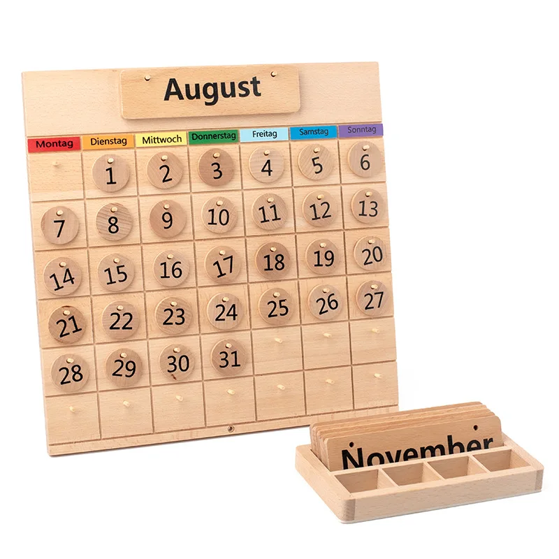 Montessori Wooden German Calendar Learning Toys Children Early Education Beech Calendar Set Time Cognition Parish Teaching Aids