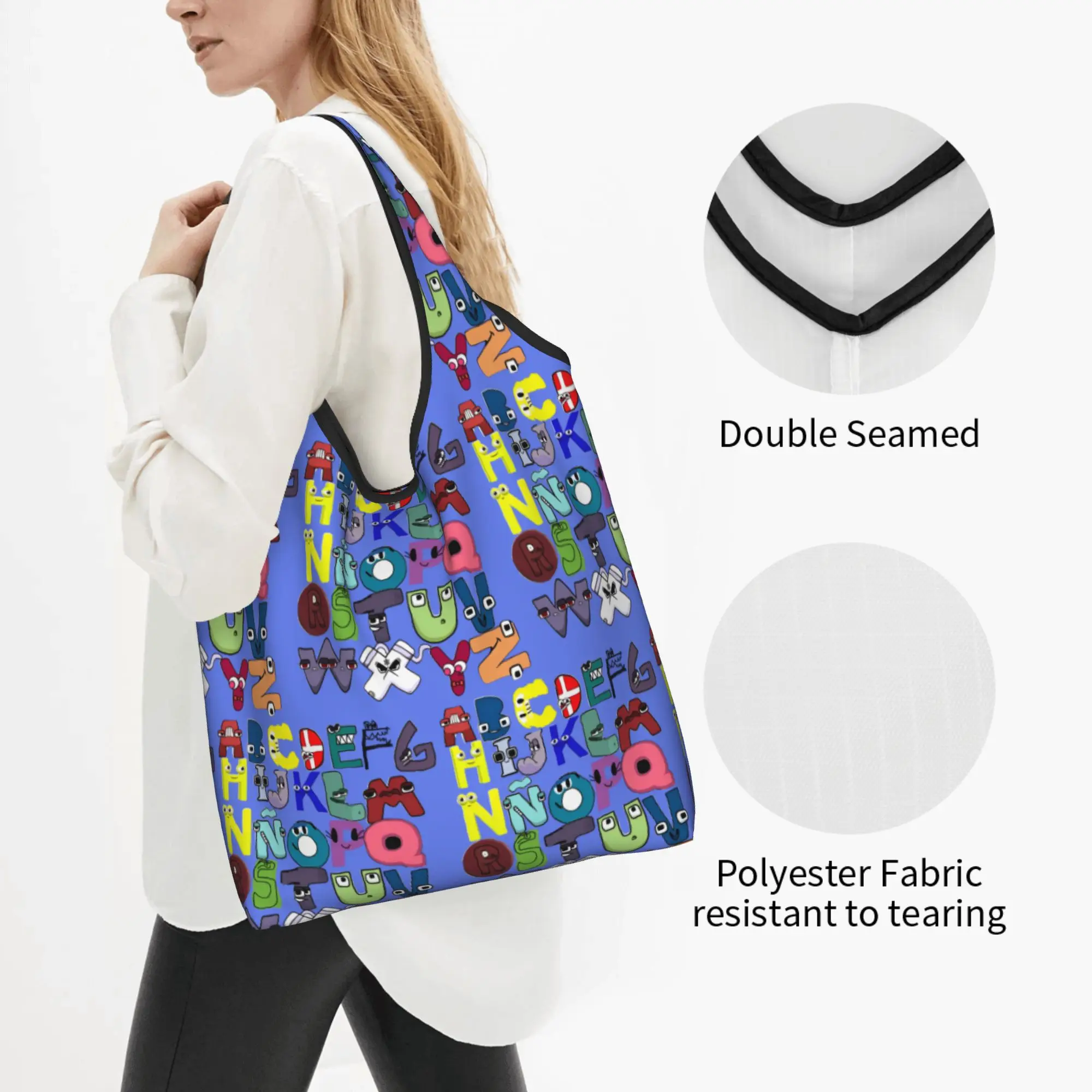 Kawaii A-Alphabetes Hot Cartoon Shopping Tote Bag Portable Letter Grocery Shoulder Shopper Bag