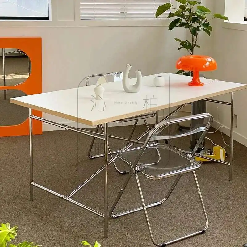 Stainless Steel Leg Rectangular Solid Wood Conference Table Office Desk Writing Living Room Table Mesa Office Furniture KMOD