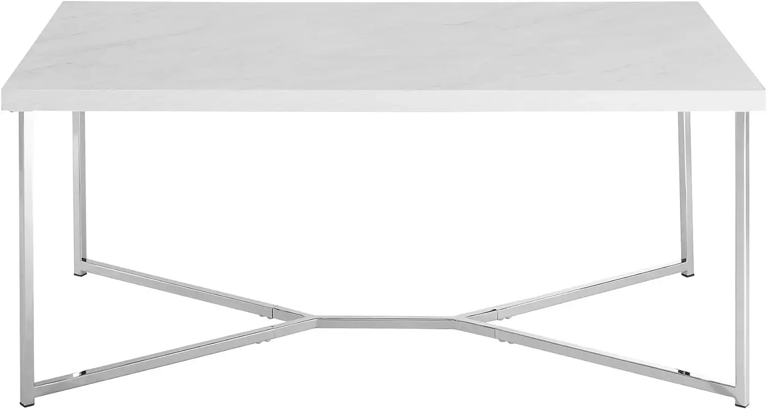 Mid Century Modern Marble Gold Rectangle Coffee Table Living Room Accent Ottoman Storage Shelf, 42 Inch, Marble and Silver