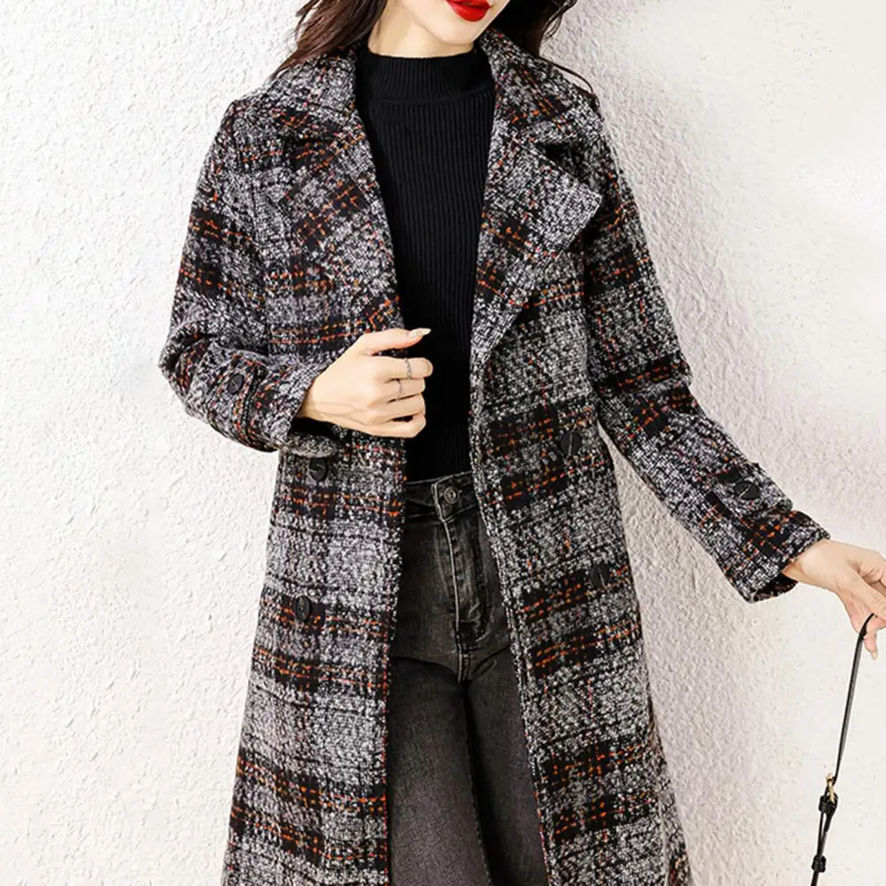 

Plaid Mid Length Double Breasted Windbreaker Woolen Coat Coat Korean Tweed Jacket Coat with Belt Slim Fit Woolen Coat Outwear