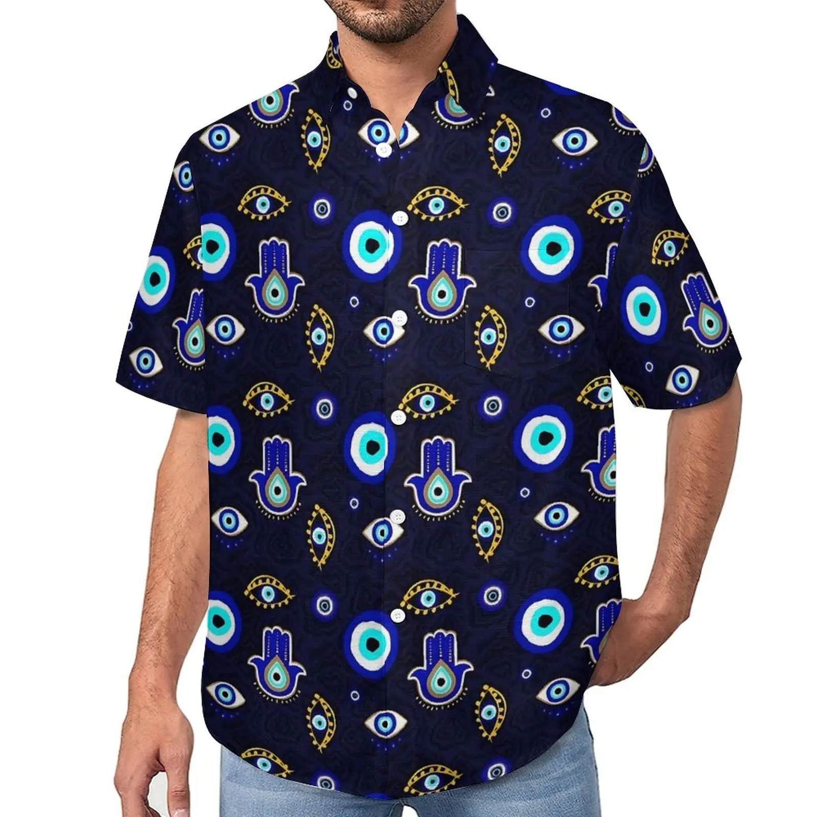 

Evil Eye Print Casual Shirt Hamsa Hand Vacation Loose Shirt Hawaiian Aesthetic Blouses Short Sleeve Graphic Oversized Top