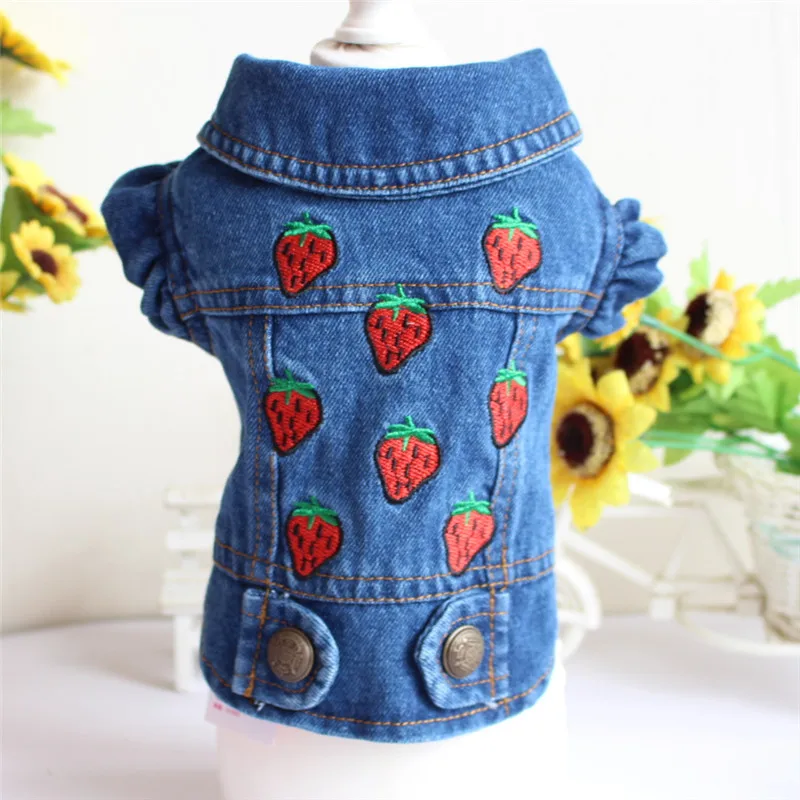 Dog Jean Jacket Strawberry Embroidery Design Denim Coat for Small Medium Dogs Pet Clothes Puppy Sleeveless Lapel Vest XS-XXL