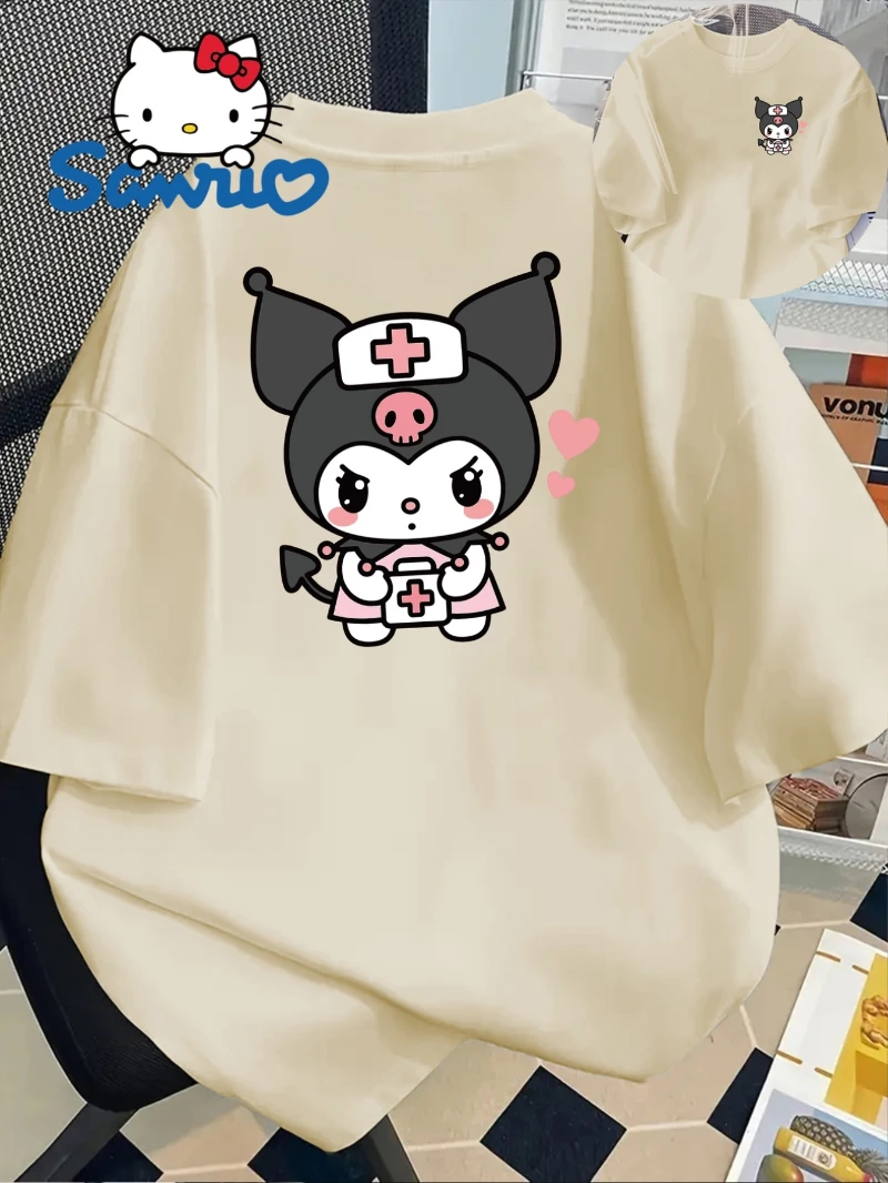 

Персонаж медсестры Sanrio, рубашка с короткими рукавами с милым мультяшным принтом, женская милая повседневная футболка, повседневный топ с круглым вырезом, лето
