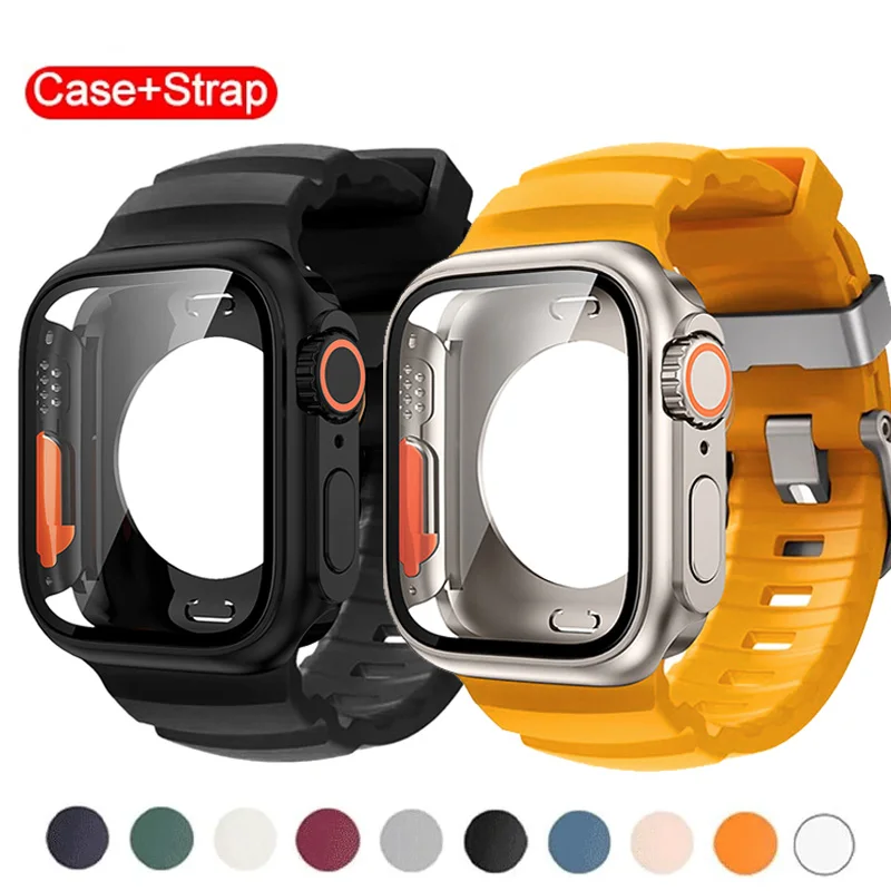

Silicone strap For Apple Watch 44mm 45mm 46mm Bracelet+Screen protectores Change to Ultra For iWatch Series 11 10 9 8 7 SE 6 5 3