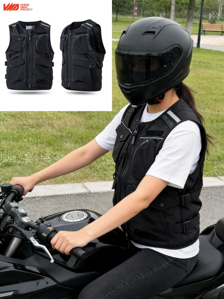 Summer Breathable Mesh Motorcycle Vest Multi-Pocket Reflective Riding Leisure Vest for Men