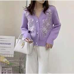 Women's Long Sleeve Single Breasted Cropped Cardigan, Warm Knitwear Top, Korean Fashion, Y2k Jacket