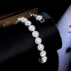 BeaQueen Luxury Link Chain Round CZ Micro Pave Bracelets for Women Silver Color Wedding Accessorie Bridal Jewelry Gift B230