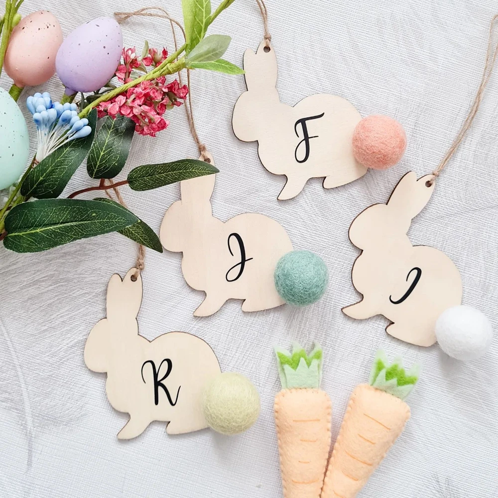 10pcs Wooden Rabbit Pendants Easter Egg Hanging Ornament For Happy Easter Home Party Decoration Kids DIY Painting Gifts Supply