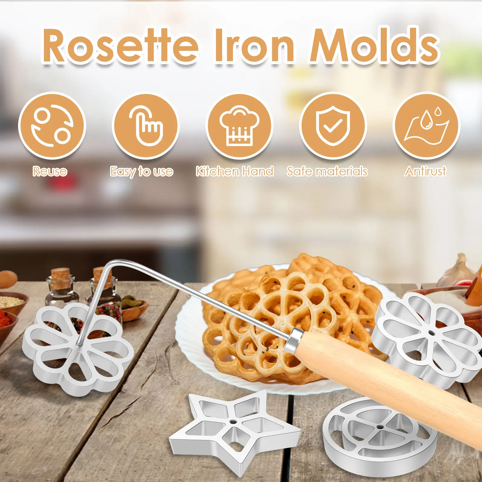 3Pcs Bunuelos Mold Set with 3 Wooden Handles Aluminum Alloy Rosette Molds Set Reusable Non-Stick Bunuelos Cookie Maker Mold