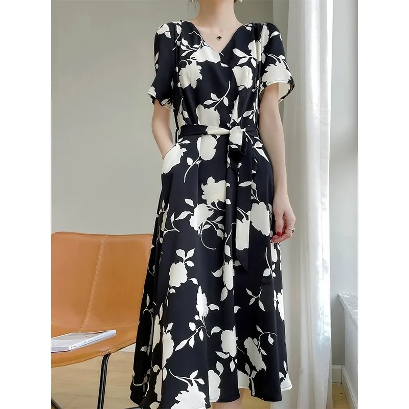 Ele Silk Floral Print Maxi Dr Women's ort Sve Waist-Cinching Korean Sle V-ne A-line Summer New Arrival