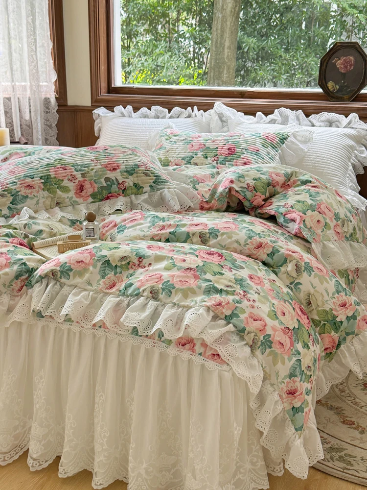 4Pcs French Princess Style Cotton 100% Cotton Lace Retro Flower Bed Skirt Bedding Set Duvet Cover 200x230 220x240 Four Seasons