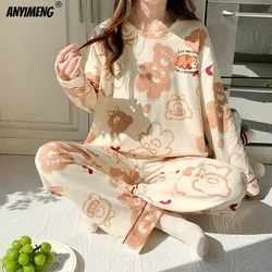 Korean Sweet Women Pajamas Set Autumn Winter New Faux Cotton Sleepwear Casual Long Sleeves Nightwear Cute Girl Cartoon Nightwear