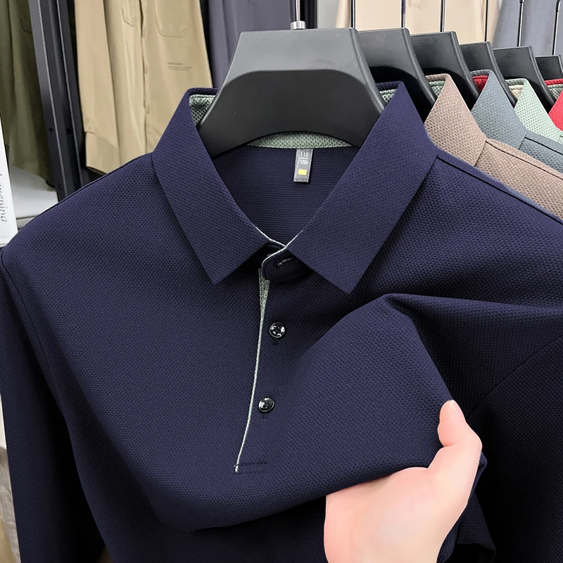 2026 Spring and Autumn New Long Sleeve Polo Shirt for Men, Business and Leisure, Elastic, No Heat, No Trace Collar Top for Men