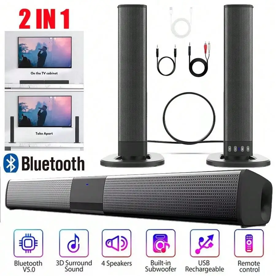 Bluetooth 5.0 Home TV Sound Bar 4 Speakers System Wireless Subwoofer 3D Surround 2 In 1 Detachable Soundbar Home Theater With Remote Control
