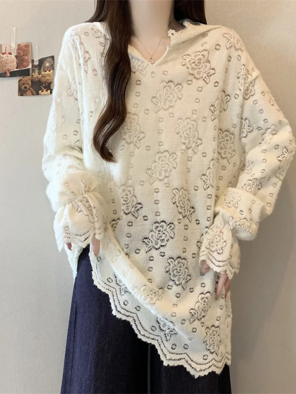 Lace Hook Flower Long Sleeve Hoodie Women's Spring Autumn plus Size Slimming Stylish Mid-Length Butt Covering Top