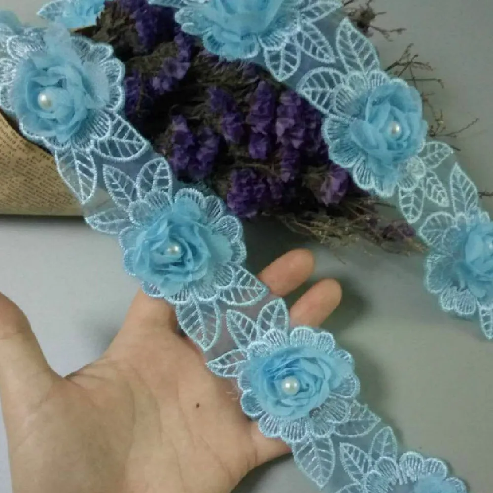 10Pcs/Lot Blue Petal Flower Organza Haftowana tkanina Koronkowa naszywka Wykończenie ubrań 3D Frezowanie Kwiat Suknia ślubna Diy Aplikacja