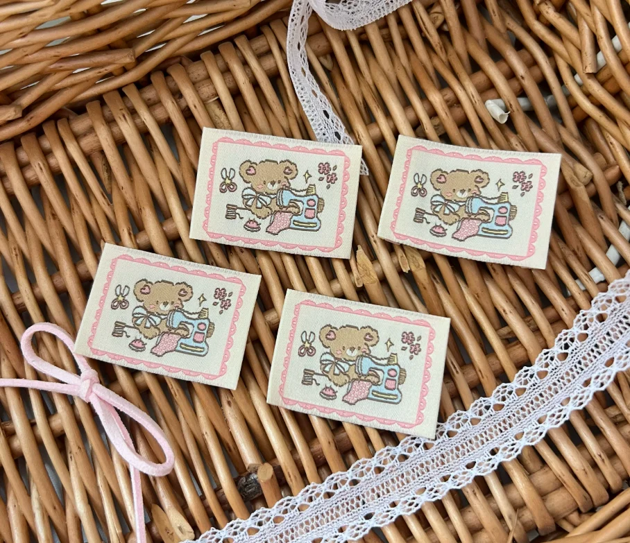 Handmade Fabric Label Teddy Bear Folded-Edge Original Hand-Drawn Pattern DIY Sewing Embroidery Coasters for Sewing Machine