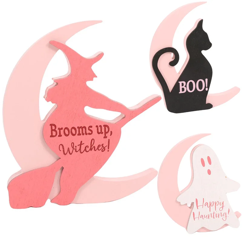 Bruja Luna encantadora decoración de Halloween chica mágica gato negro fantasma rosa Festival ornamento lindo chuchería mesa dormitorio sala de estar