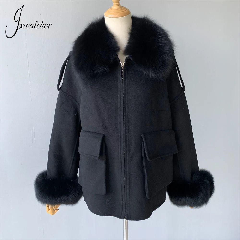 Jxwatcher Real Fur Coat High Quality Double Face Wool Coat Ladies Fall Winter Fashion Wool Jacket Real Fox Fur Collar Cuffs New