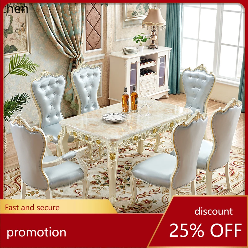 

HT dining table and chair combination small apartment household marble rectangular modern simple solid wood table