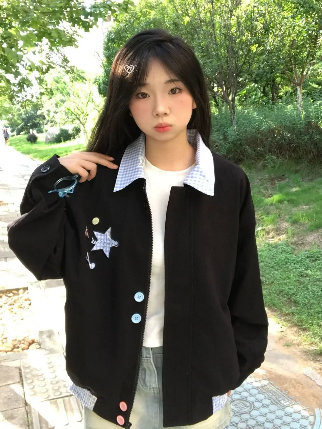 Women Casual Streetwear Coat Solid Zipper Slim Patchwork 2025 Autumn Japanese Kawaii Long Sleeve Short Jacket Turn-Down Neck