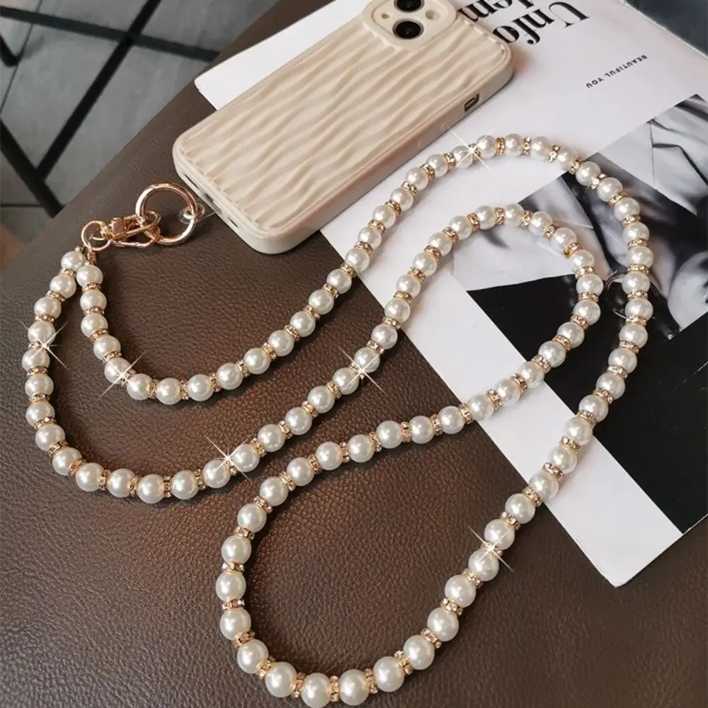 

Single Shoulder Pearl Phone Lanyard With Patch Handmade Bead Phone Chain Anti Drop Glitter Cellphone Straps Women Girls