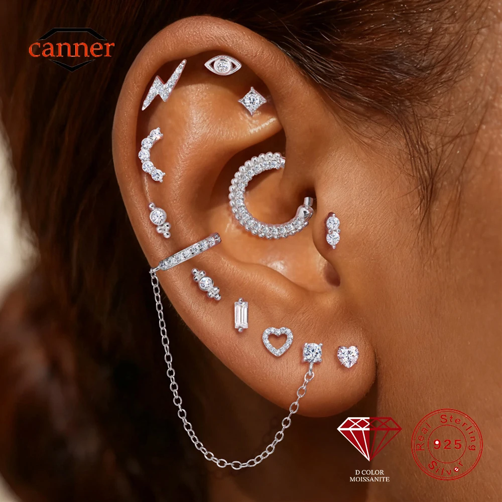 CANNER 1PC Classic Geometric Moissanite 925 Sterling Silver Flat Head Thread Ear Bone Puncture For Women Stud Earrings Jewelry