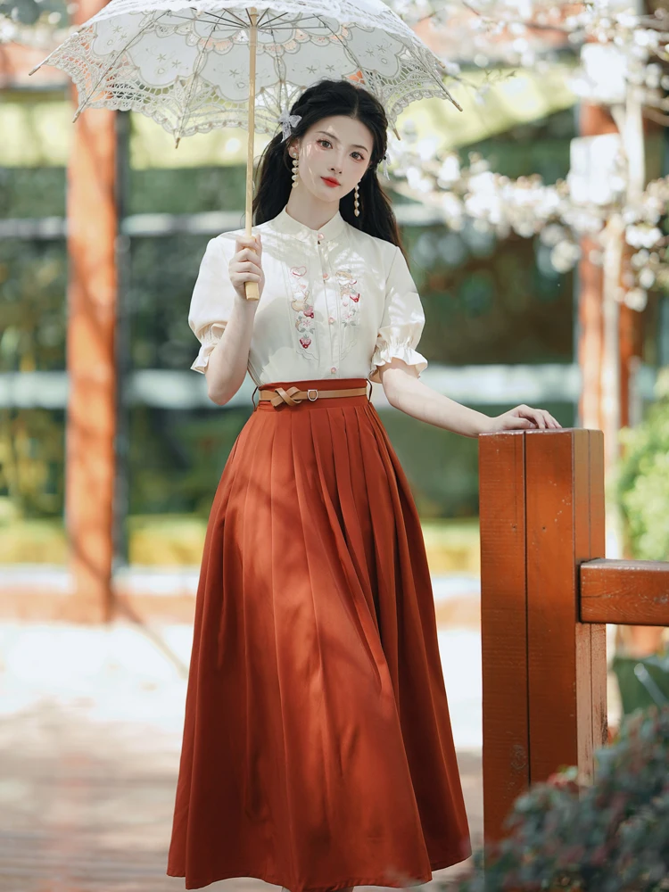 Fashion Sweet Two Piece Skirt Set Women Summer Short Sleeve Embroidery Shirt and Pleated Long Skirts Outfits