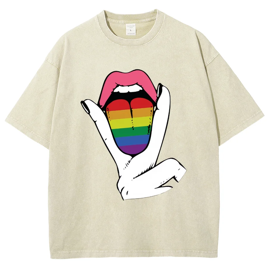 Funny Style Color Tongue Biye Print Women's T-Shirt Loose Wash Crew Neck Short Sleeve 2024 Summer New Hot Selling Casual Tee