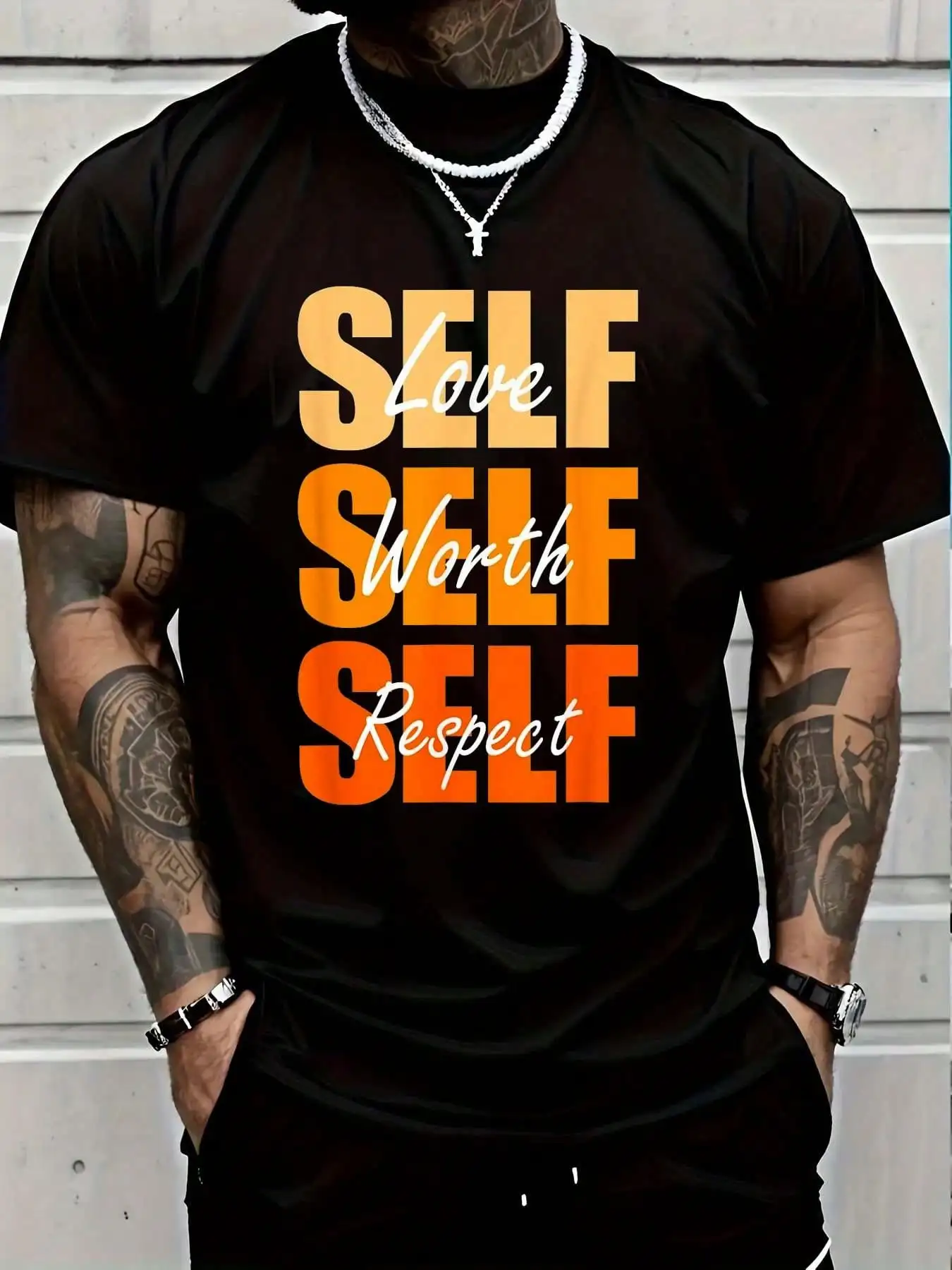 

Men's Cotton Graphic T-Shirt with Bold Self-Love Print, Orange Gradient Design, Casual Streetwear Style