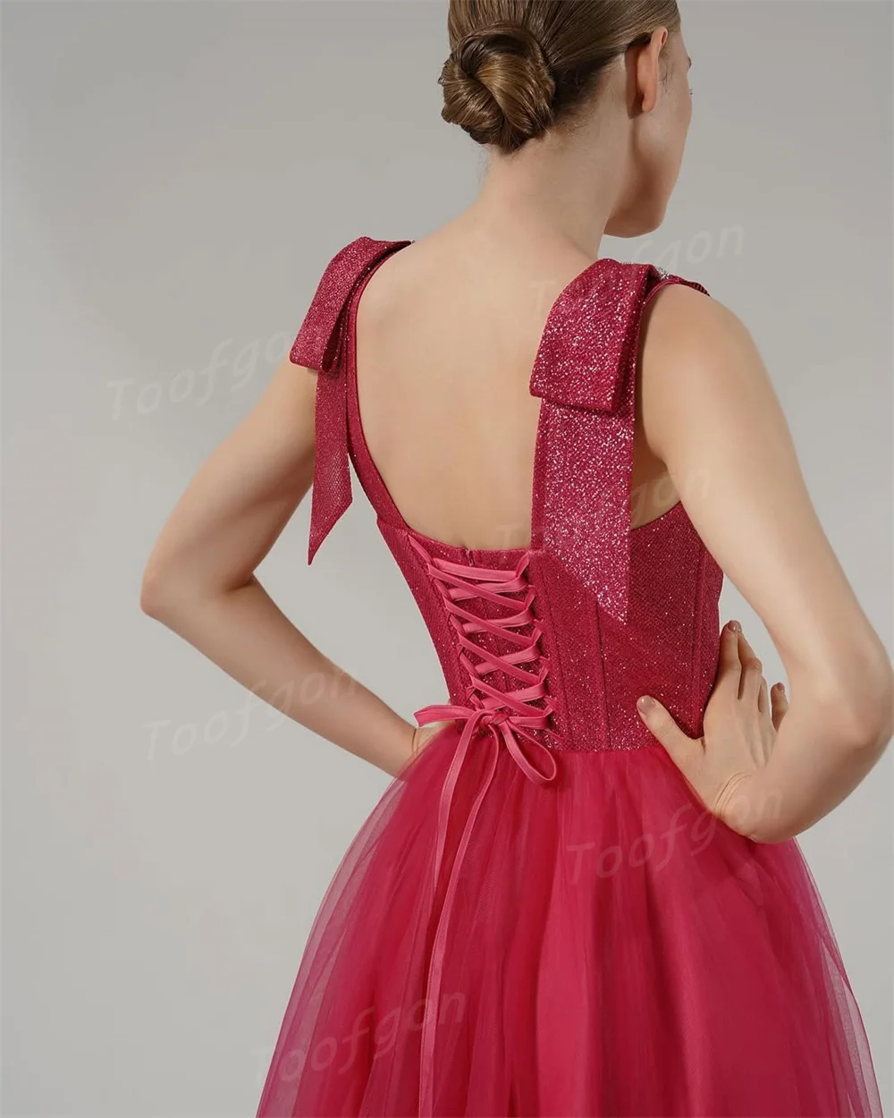 Toofgon brilhante vermelho a linha vestidos de noite personalizado brilhante querida vestidos de baile feminino rendas até vestido de festa ocasião especial