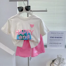 Girls Short-sleeved T-shirt Set 2024 Summer New Casual Letter Printed T-shirt Shorts Two-piece Children's Baby Clothes Set