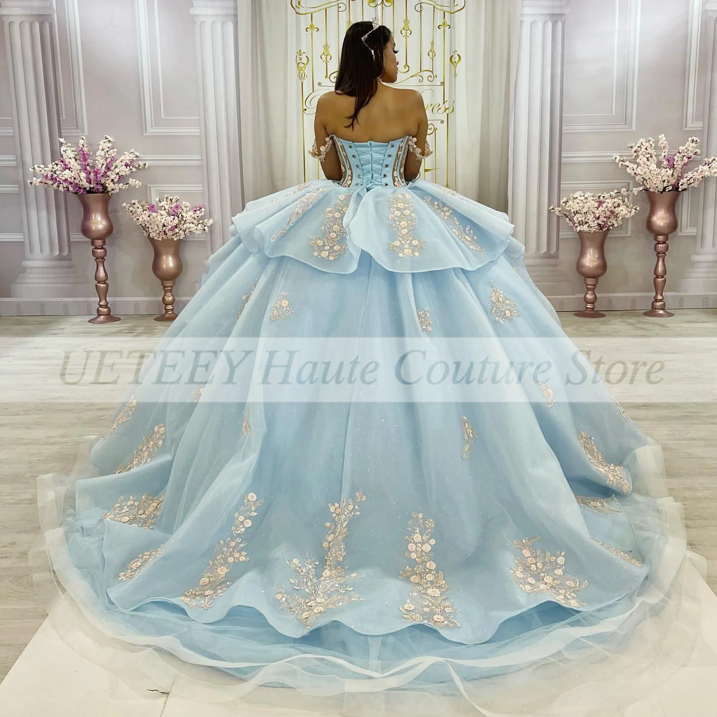 New Light Blue Quinceanera Jurk Baljurken Voor Sweet Girl Applicaties Kralen Verjaardag Prinses Prom Gown Vestidos De 15 Años