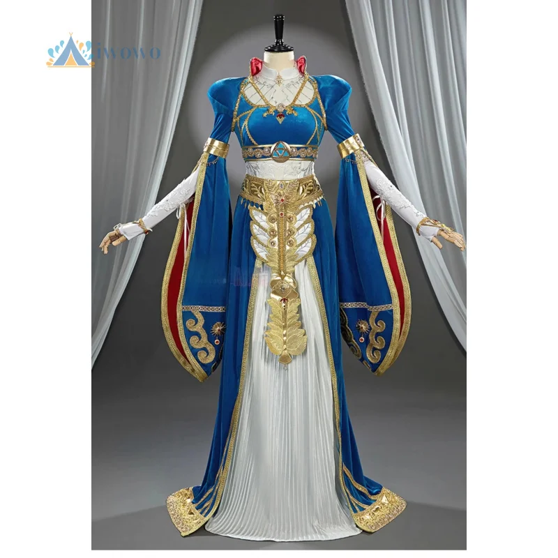 

Anime Zelda Princess Cosplay Costumes Women Wig Gorgeous Blue Velvet Dress Pants Uniform Halloween Performance Party Set