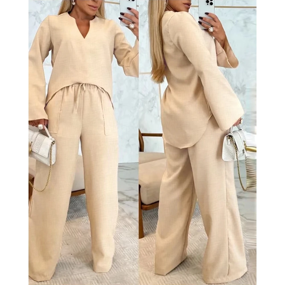 

Women Asymmetrical Hem Notch Neck Long Sleeve Top & Drawstring Pocket Design Straight Leg Pants Set Elegant Lady Work Wear