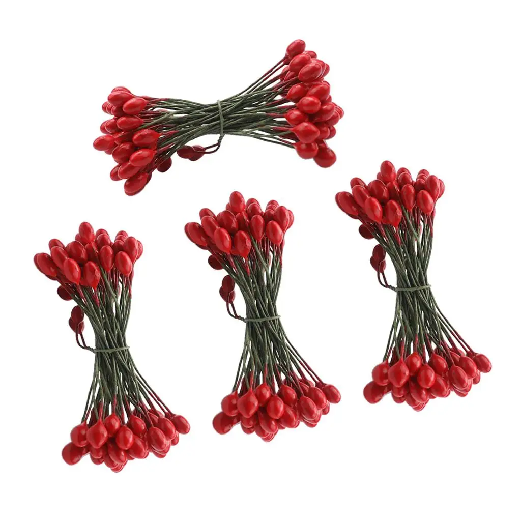 Artificial Berries with Double Head, 2-6 Pieces, 200 Pieces, for Crafts, Red