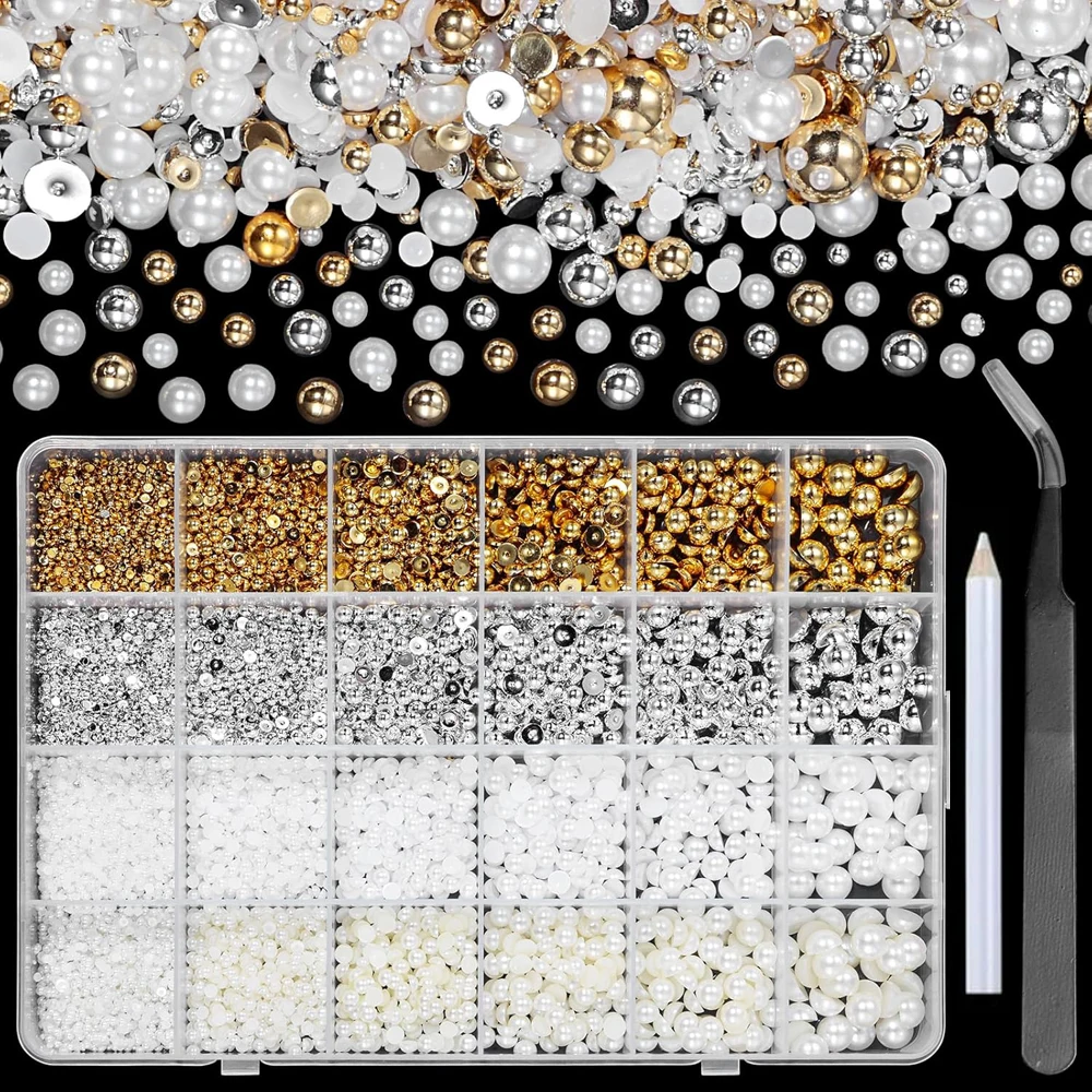 24Grids Flatback Half Pearls Nail Art Charms Gold/Silver/White/Beige Pearl Nail Jewelry 2/3/4/5/6/8mm Multiple Size Nail Decors*