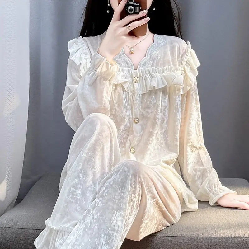 Princess Style Lace and Lace Outerwear Light Luxury French Court Sweet Sleepwear Women's Home Clothes White Set