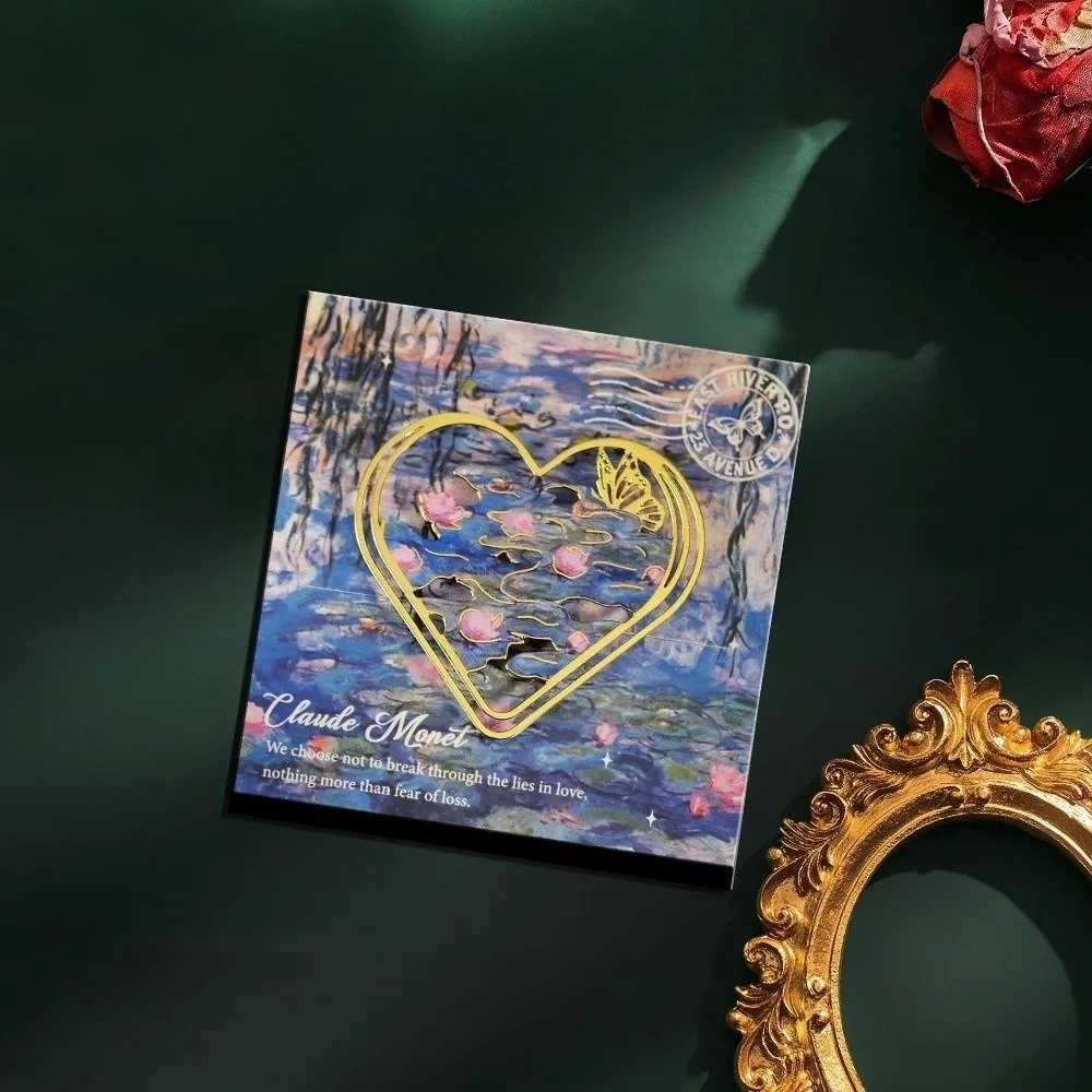 Retro Style Metal Bookmark Monet & Van Gogh Sunflower Water Lily Book Reading Clip Thin Heart Shape Book Reading Sign