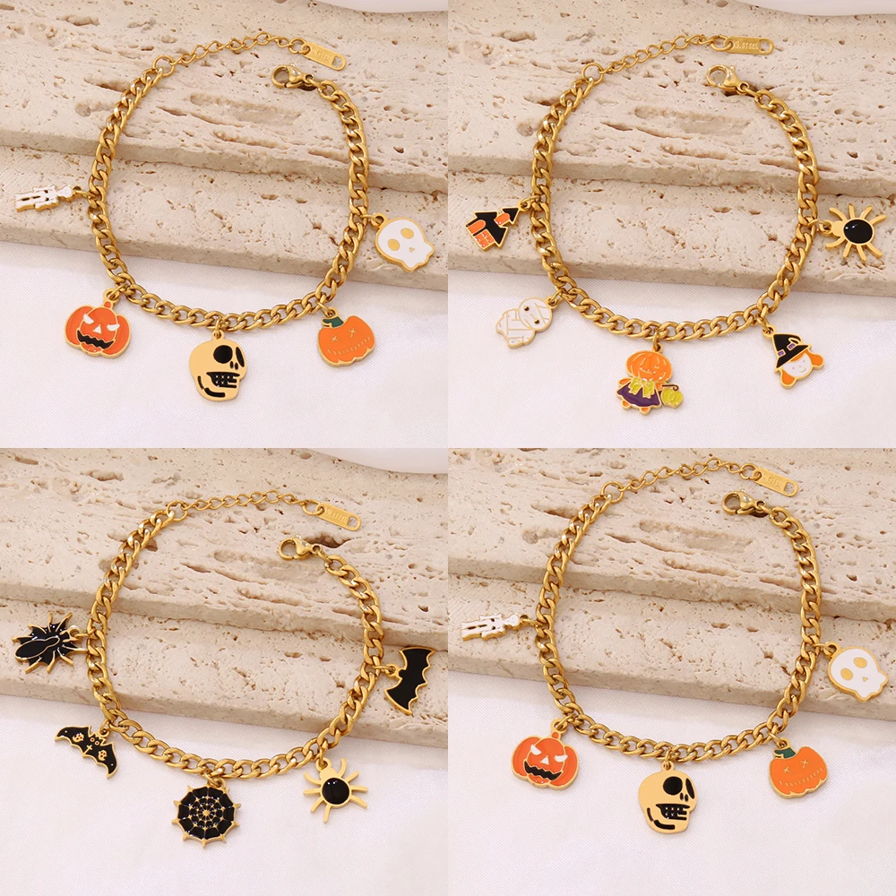 Stainless Steel Halloween Ghost Spider Bat Pendant Bracelet for Women Funny Mummy Pumpkin Chain Bracelets Jewelry Party Gift
