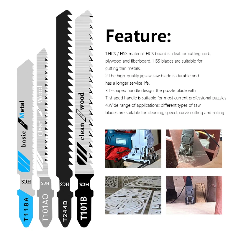 5-10pcs Jig Saw Blade Set T-Shank Jigsaw Blade HCS Steel Saw Blade for Wood Metal Cutting Tool with Fine and Coarse Teeth